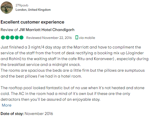 Guest comment on the stay experience at Marriott Hotel 