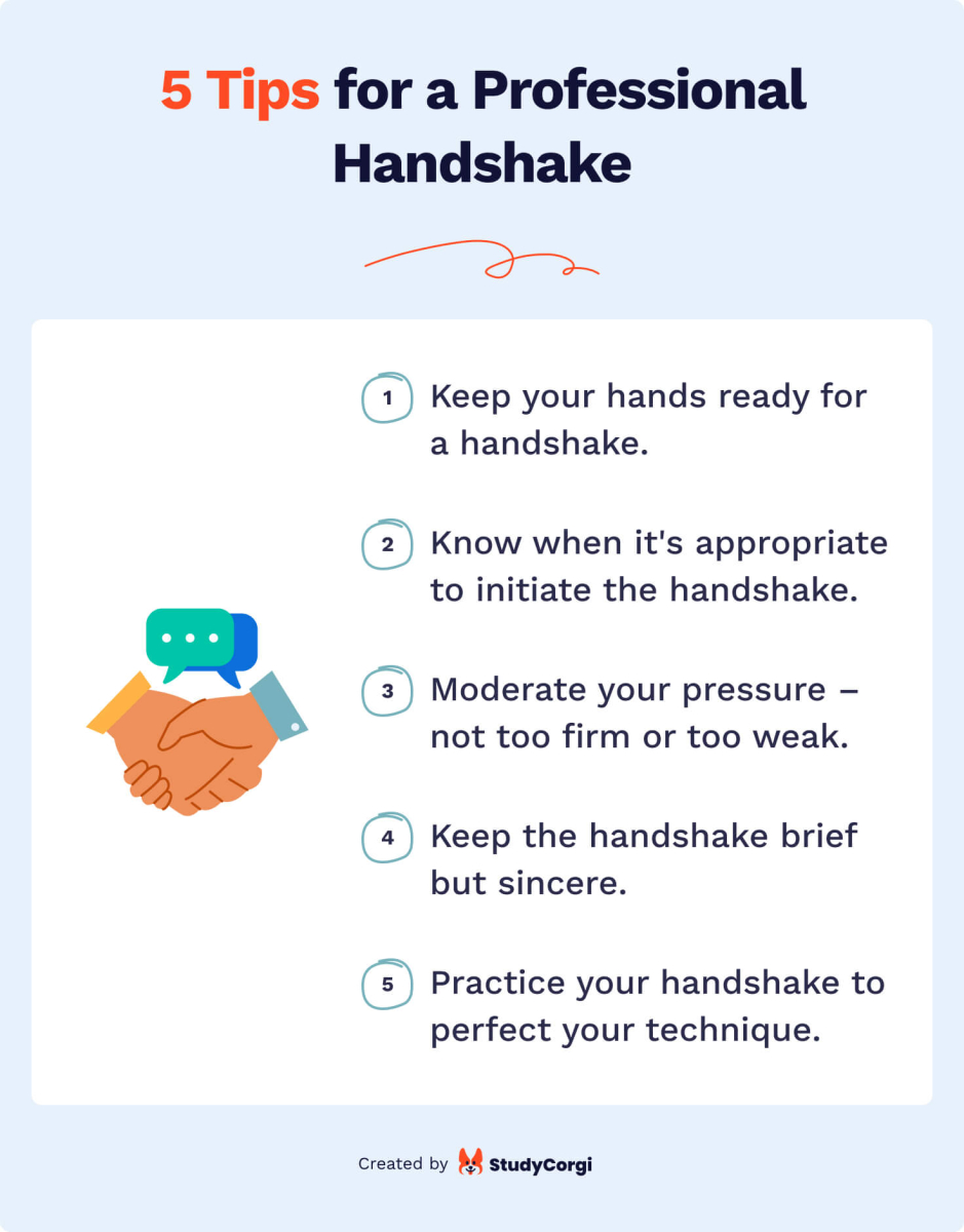 A list of 5 tips for a professional handshake. 