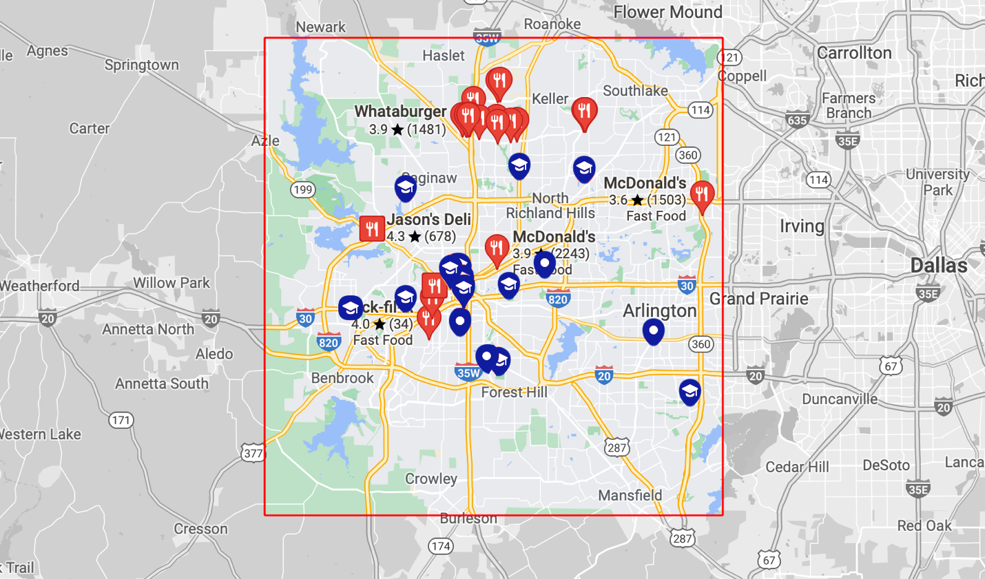Indications of fast-food places (red flags) and educational institutions (blue flags) on a map of Tarrant County (done independently, data obtained from Google Map)
