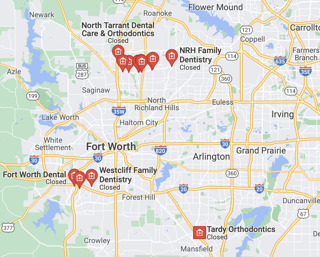 Location of dental clinic offices and departments on a map of Tarrant County (obtained using Google Maps)