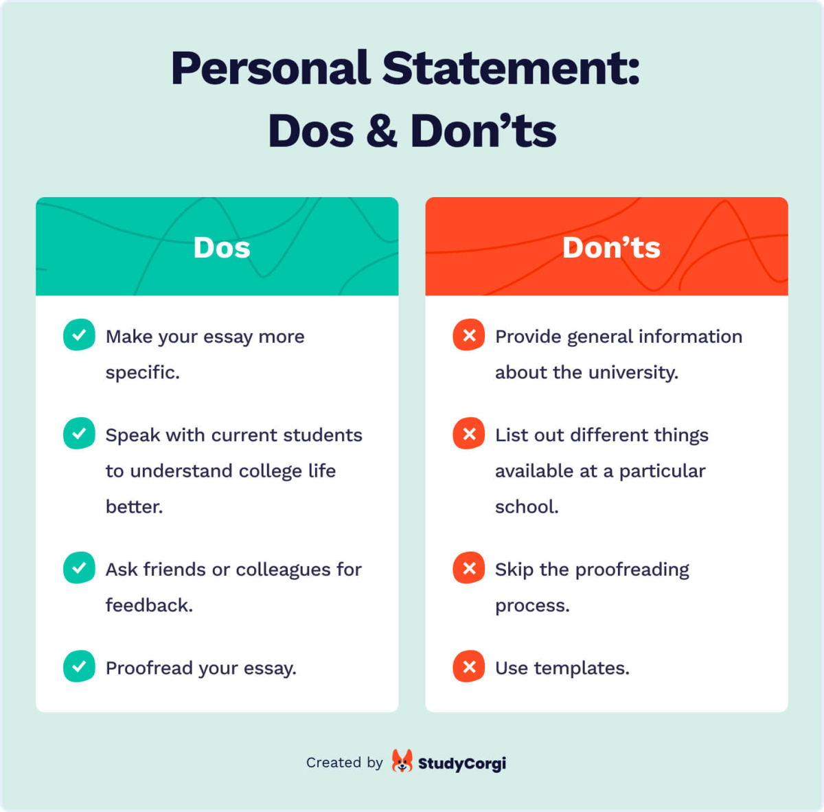 This image shows the dos and don'ts when writing a personal statement.