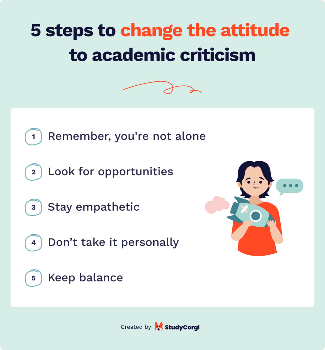 The picture lists the steps that will help you change your attitude to academic criticism.