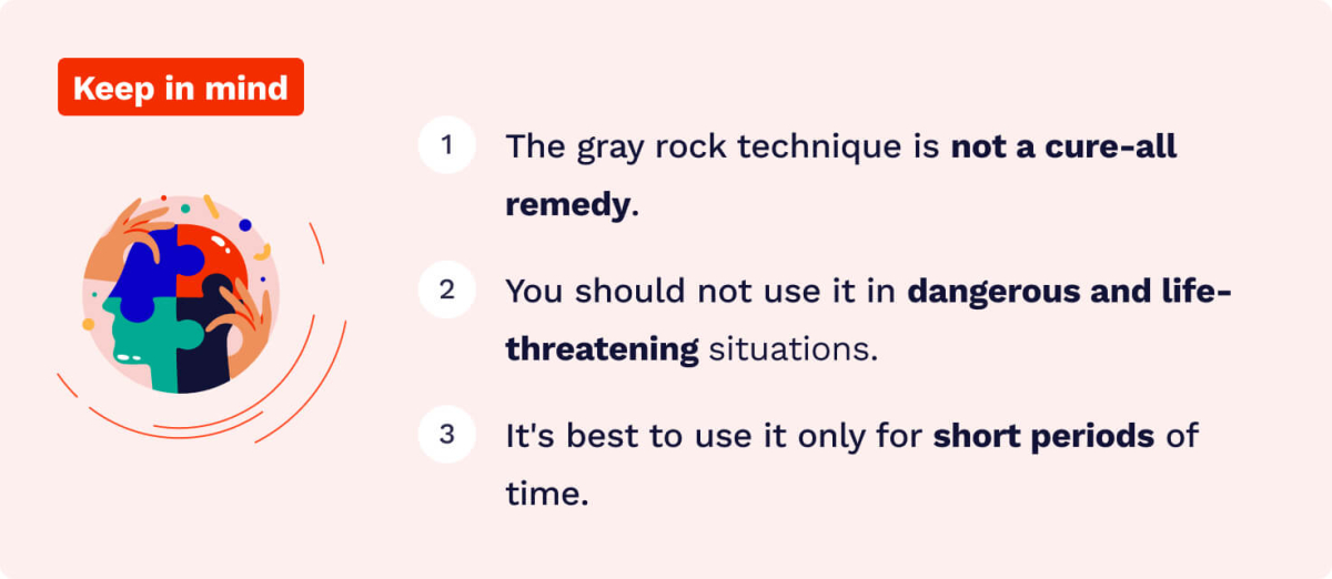 The picture enumerates the risks and limitations of using the gray rock method. 