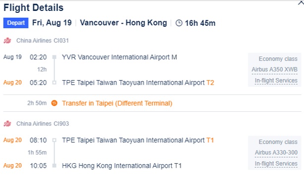 Details of the flight to Hong Kong