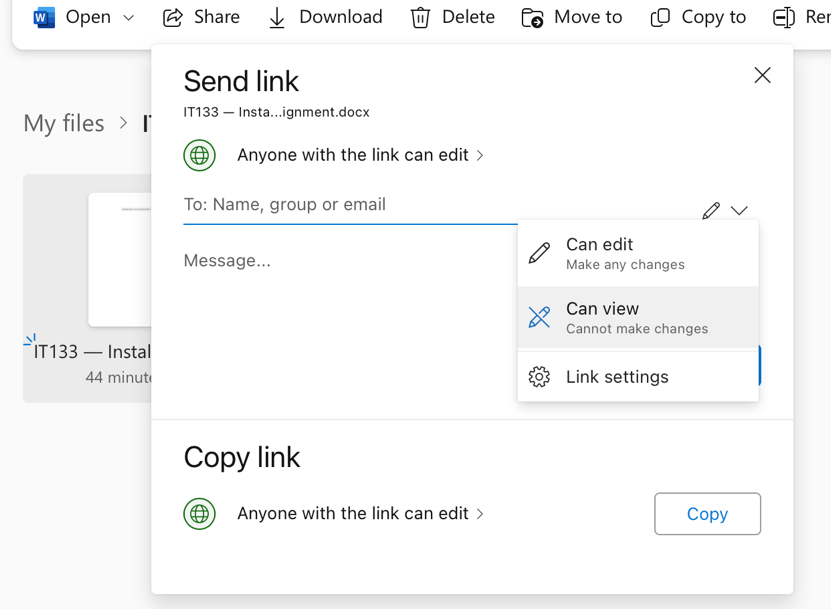 Active menu for sharing files in OneDrive