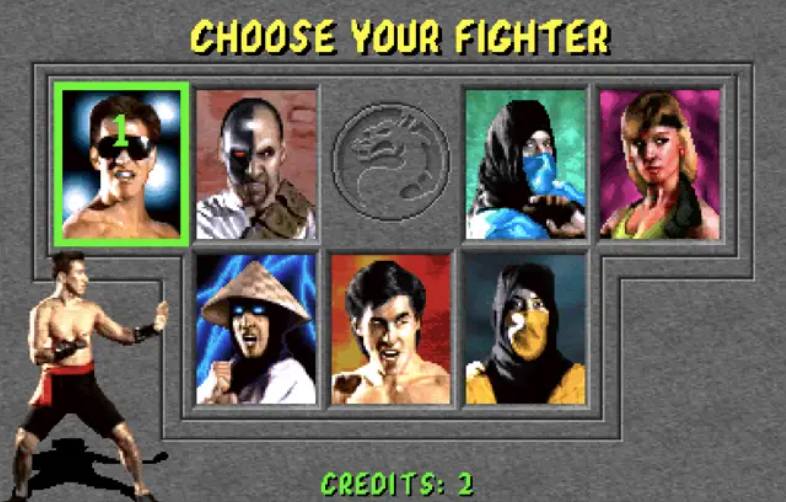 Seven iconic characters of the MK franchise: Johnny Cage, Kano, Raiden, Liu Kang, Scorpion, Sub-Zero, and Sonia