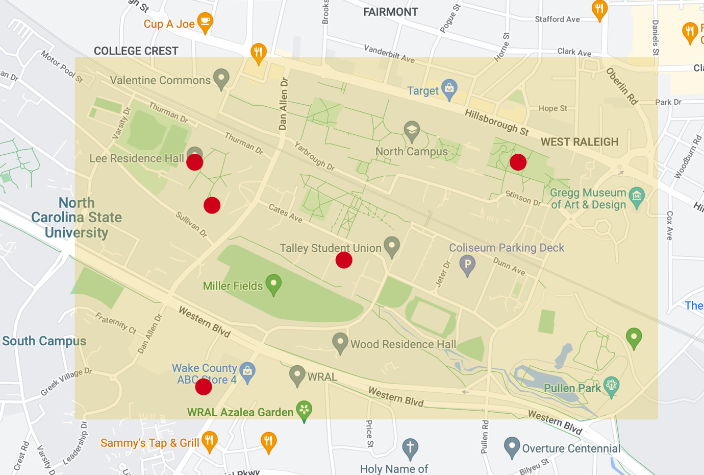 The red dots show the five central locations for field data collection