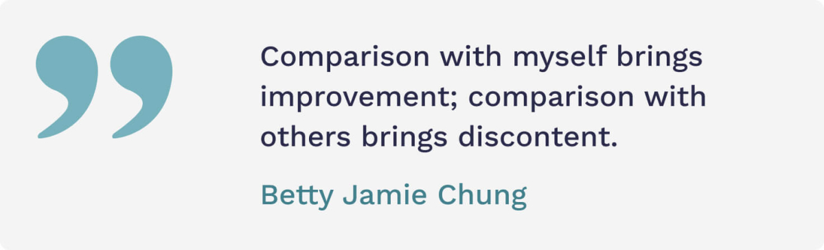The picture shows a quote from Betty Jamie Chung “Comparison with myself brings improvement; comparison with others brings discontent.”