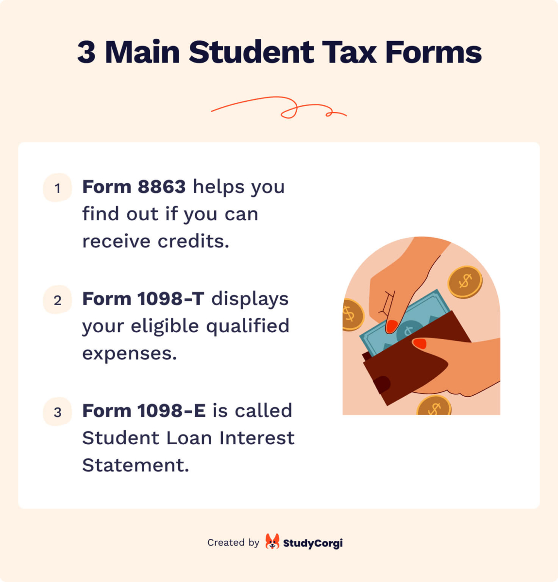 The picture enumerates 3 student tax forms: form 8863, 1098-T, and 1098-E.