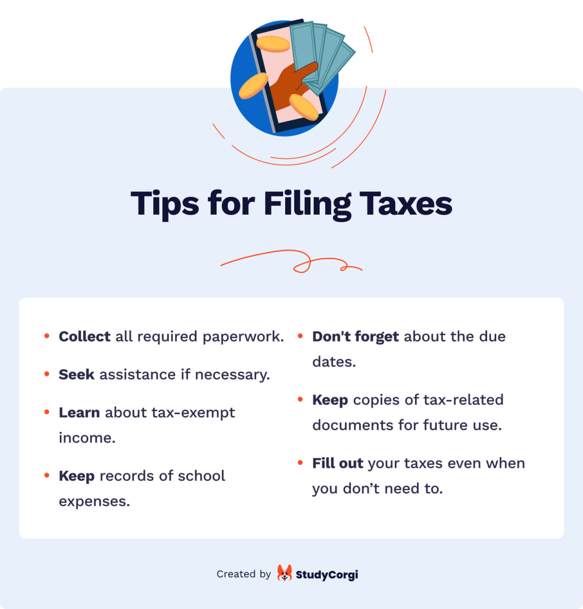 The picture presents tips for filing taxes more effectively.