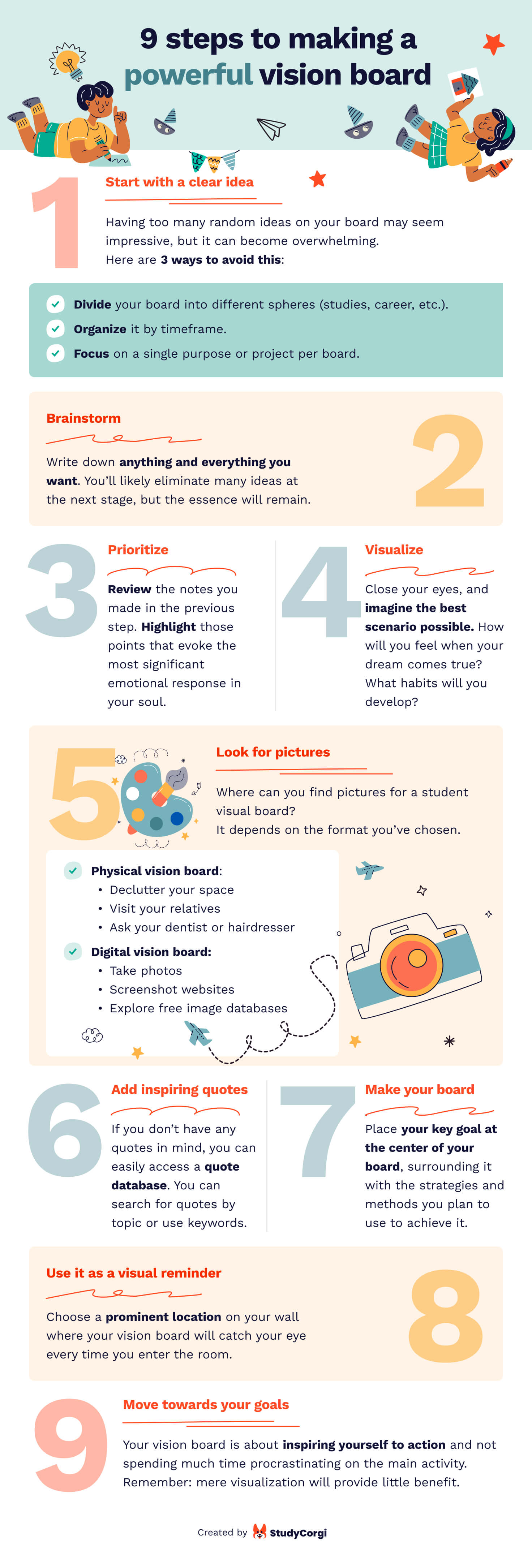 The infographic lists the 9 tips to making a powerful academic vision board.