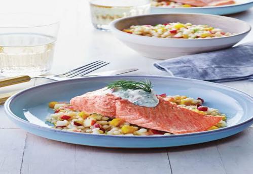 Poached salmon with a dill and lemon cream sauce