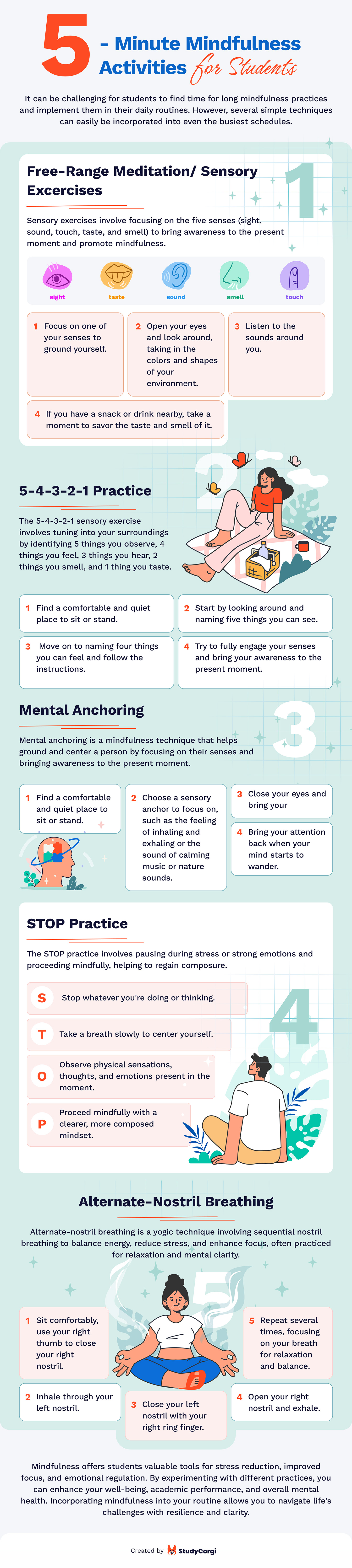 The infographic offers the most efficient 5-minute activities to calm your mind and boost productivity.