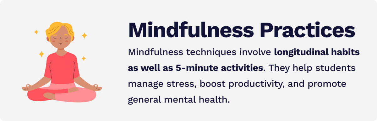 The picture gives introductory information about mindfulness practices and their benefits for students.