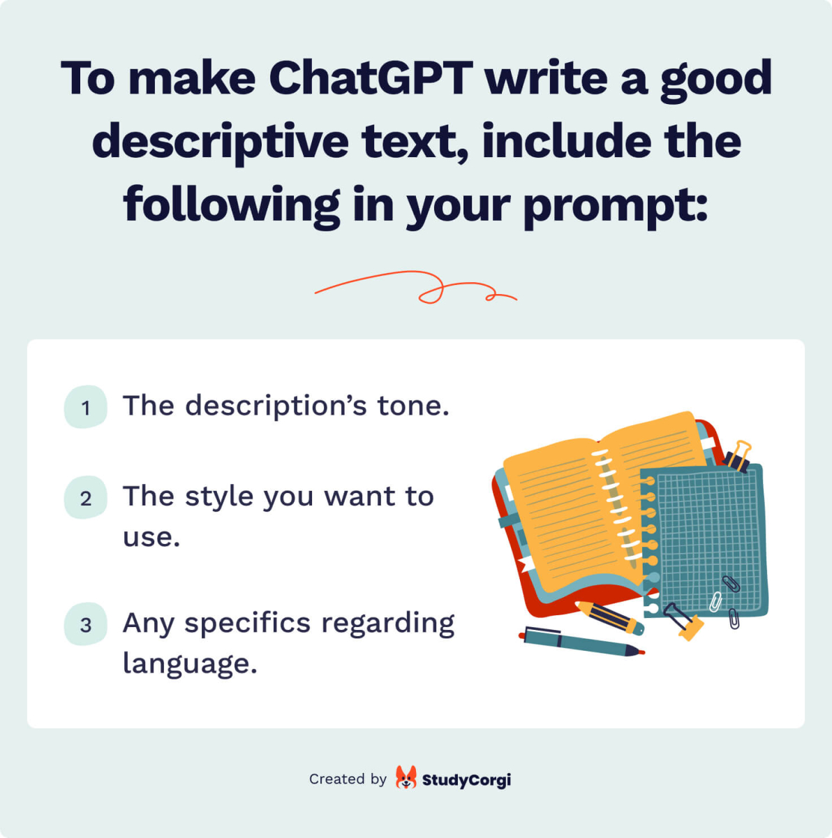 List of things to include in a ChatGPT prompt to generate a good descriptive essay. 