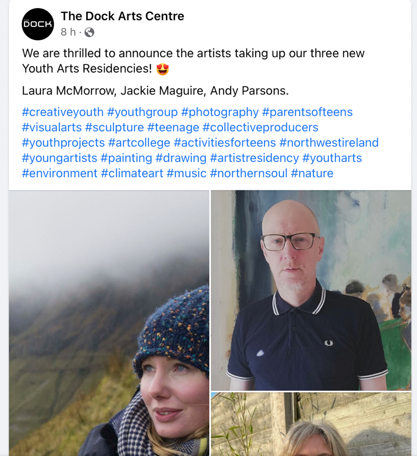 The appearance of the Dock Arts Centre's social media accounts