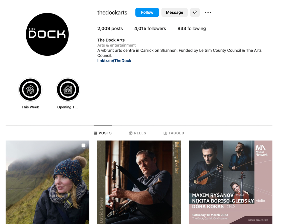 The appearance of the Dock Arts Centre's social media accounts