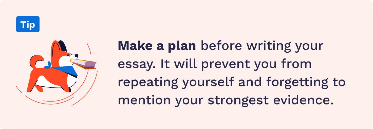 The picture talks about the benefits of making a plan of your essay before writing it.