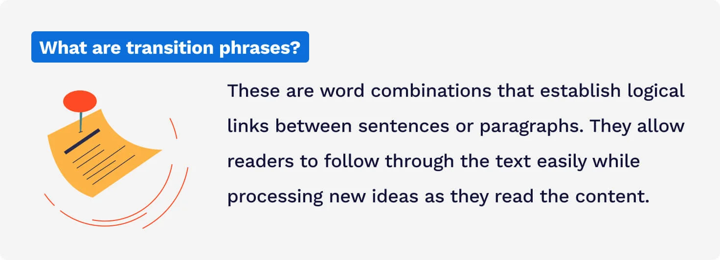 The picture explains why transition phrases are important in academic writing.