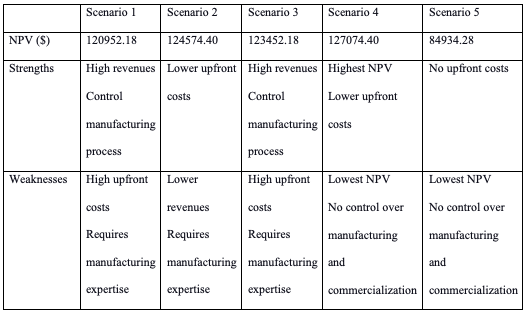 NPV, Strengths and Weaknesses for all Scenarios