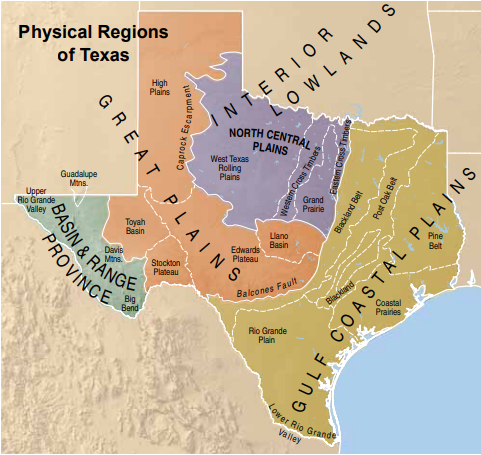 Map of physical regions in Texas Almanac 2012–2013