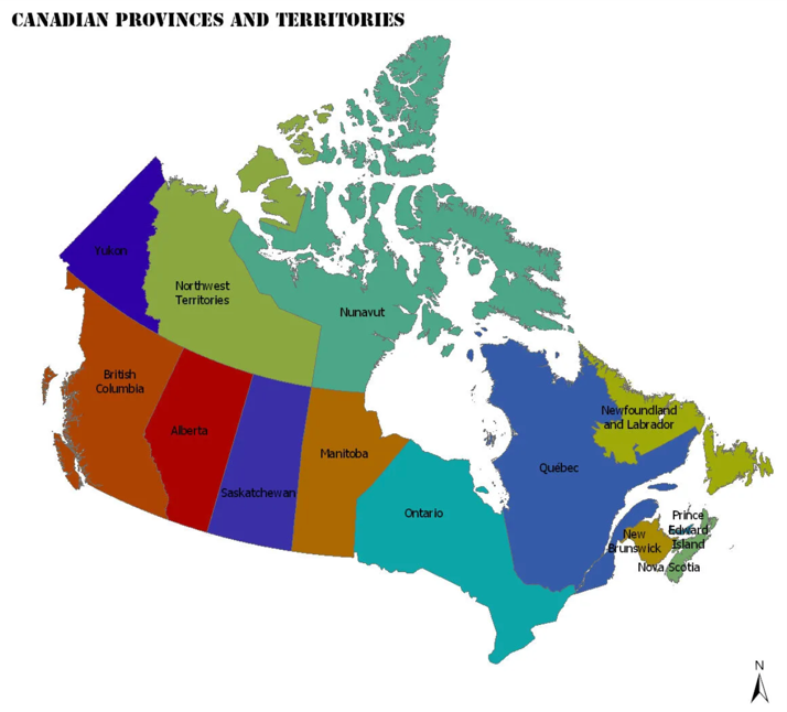 Map of the location of provinces and territories within Canada's administrative structure