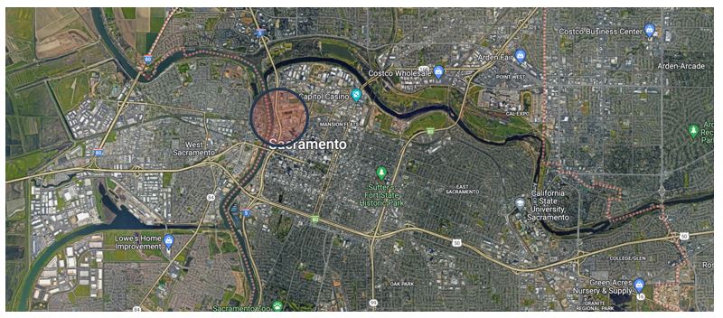 Satellite view of the City of Sacramento, CA.