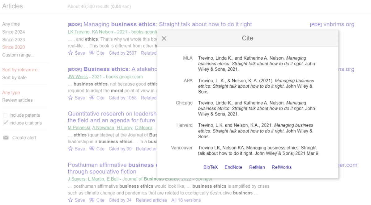 Google Scholar screenshot with cite.