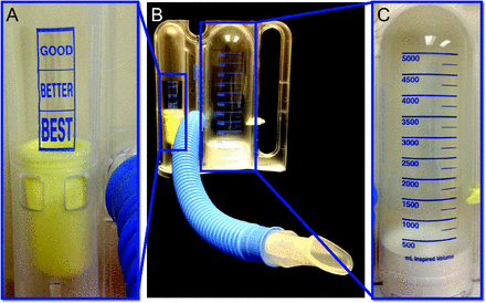 Flow indicator close up. Incentive spirometry unit. Volume chamber close-up