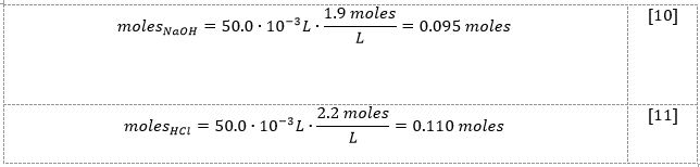 calculations of the number of moles for the base and acid
