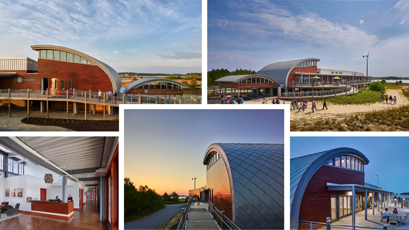The façade and interior of the Brock Environmental Center building.
