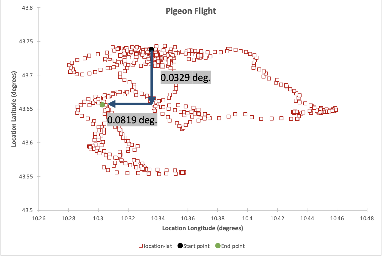 Demonstration of the bird's spatial movement, showing absolute distances.