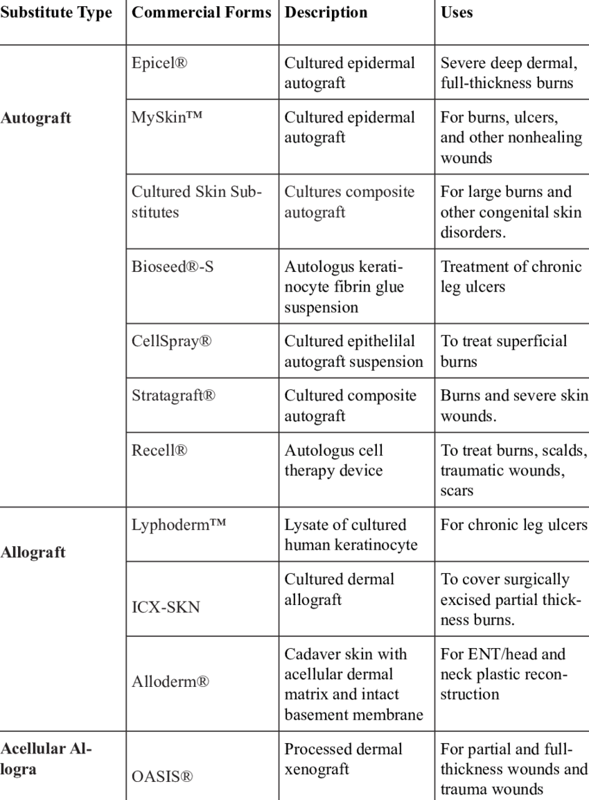 Categories of Skin Substitutes.