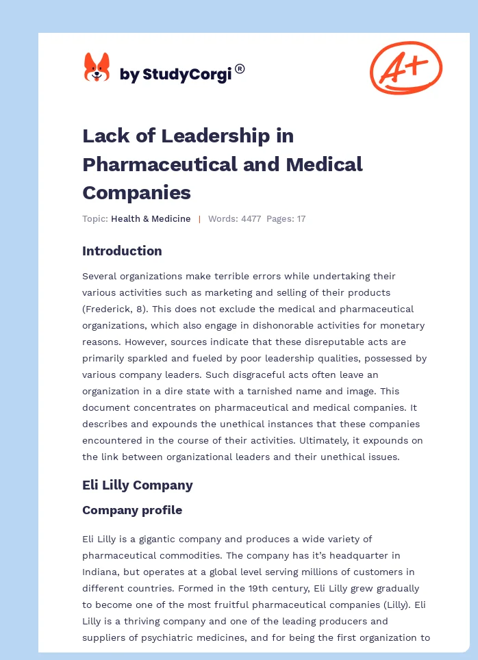 Lack of Leadership in Pharmaceutical and Medical Companies. Page 1