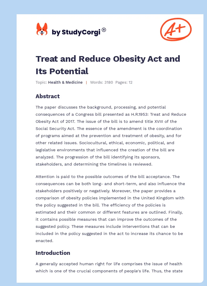 Treat and Reduce Obesity Act and Its Potential. Page 1