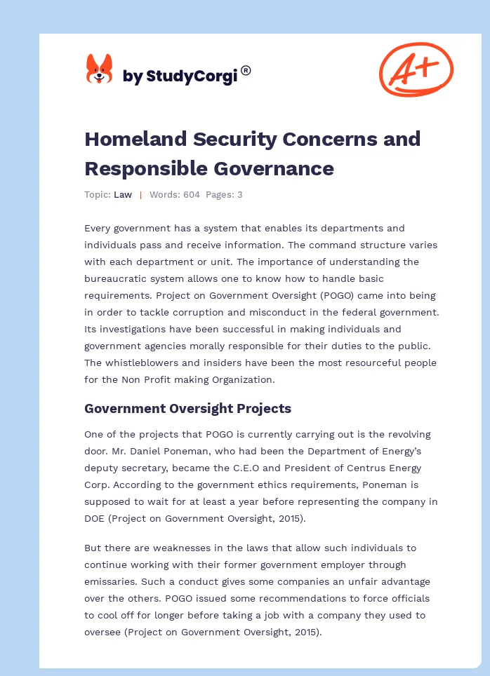 Homeland Security Concerns and Responsible Governance. Page 1