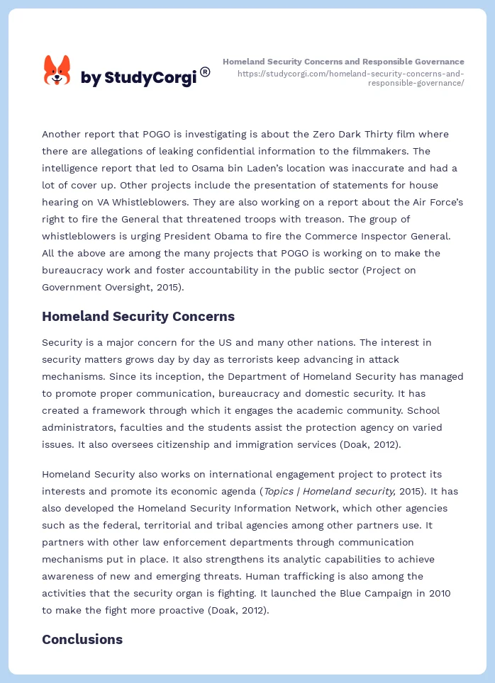 Homeland Security Concerns and Responsible Governance. Page 2
