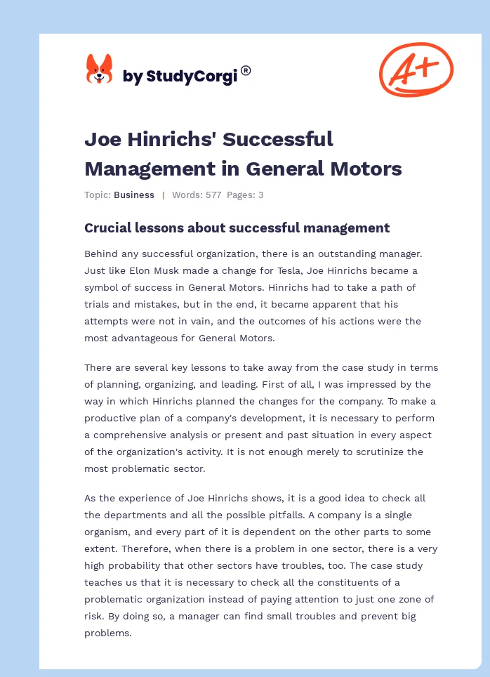 Joe Hinrichs' Successful Management in General Motors. Page 1