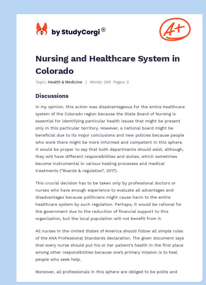 Nursing and Healthcare System in Colorado. Page 1