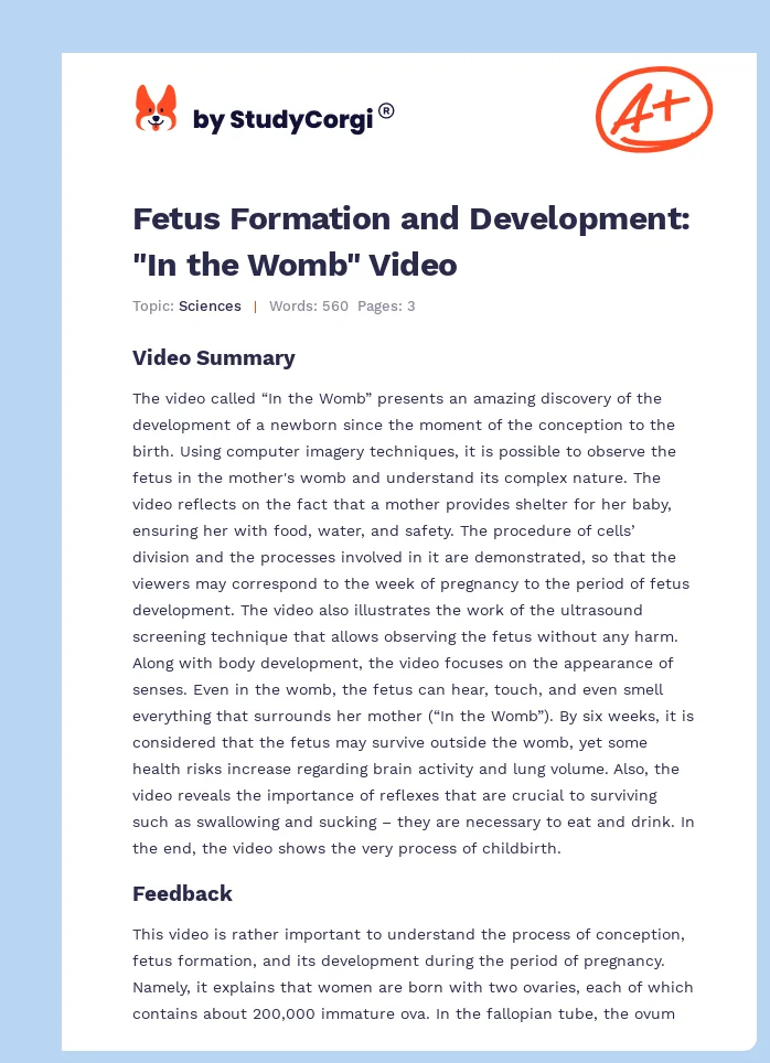 Fetus Formation and Development: "In the Womb" Video. Page 1
