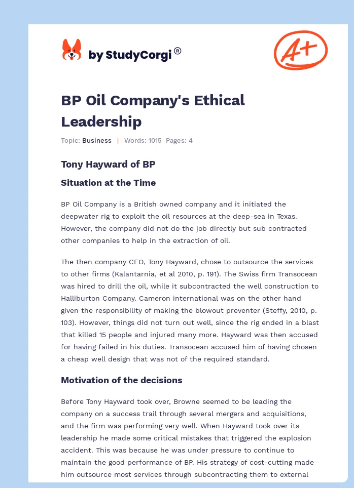 BP Oil Company's Ethical Leadership. Page 1