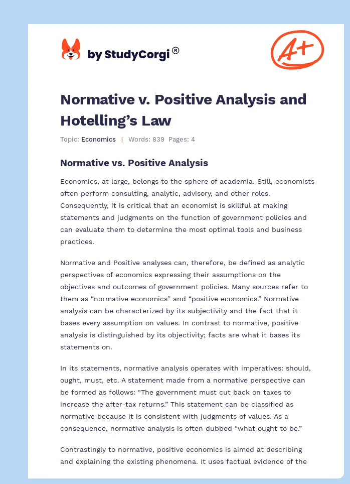 Normative v. Positive Analysis and Hotelling’s Law. Page 1