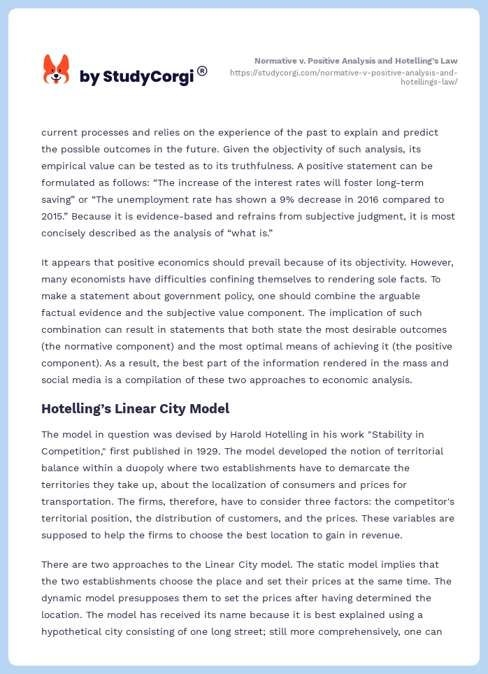 Normative v. Positive Analysis and Hotelling’s Law. Page 2