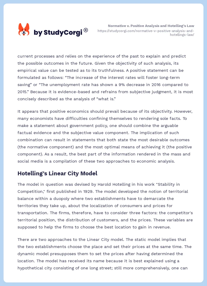 Normative V Positive Analysis And Hotelling s Law Free Essay Example