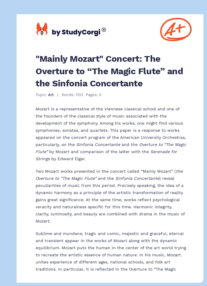 "Mainly Mozart" Concert: The Overture to “The Magic Flute” and the Sinfonia Concertante. Page 1