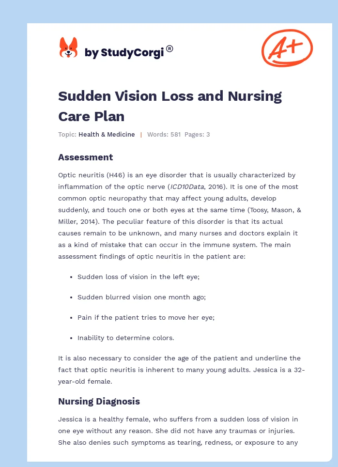 Sudden Vision Loss and Nursing Care Plan. Page 1