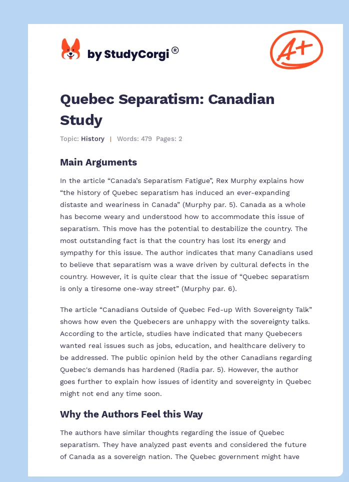 Quebec Separatism: Canadian Study. Page 1