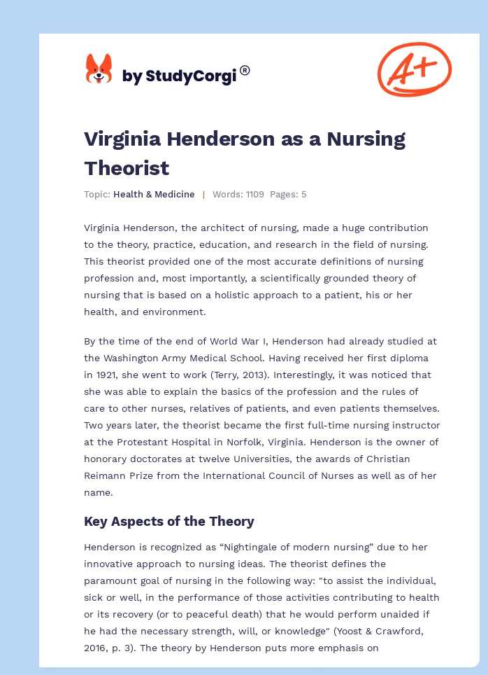 Virginia Henderson as a Nursing Theorist. Page 1