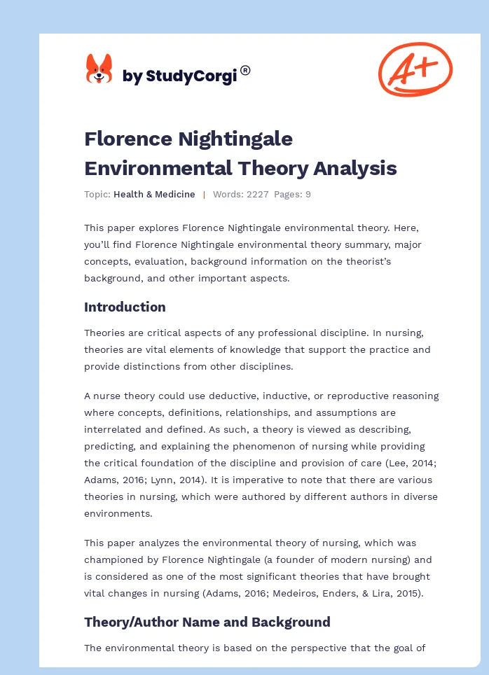 Florence Nightingale Environmental Theory Analysis. Page 1