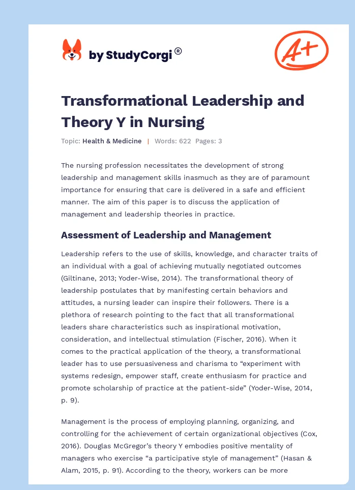 Transformational Leadership and Theory Y in Nursing. Page 1
